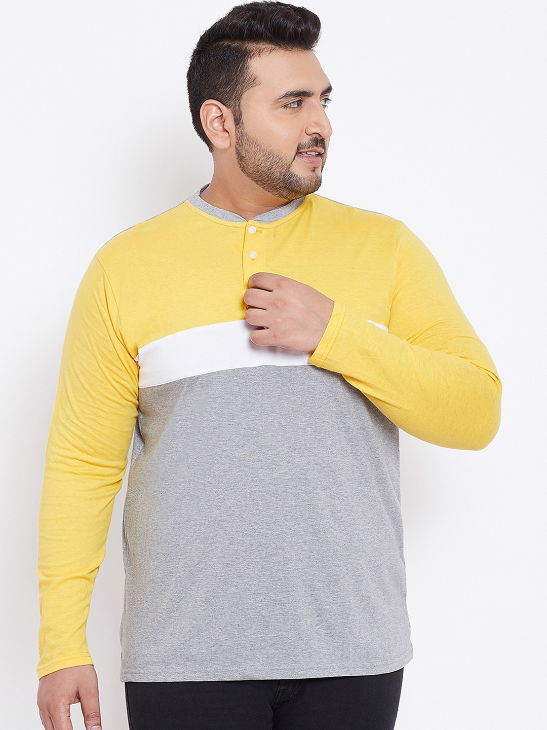 

bigbanana Plus Size Men Grey Yellow Colourblocked Henley Neck Bio Finish Pure Cotton T-shirt