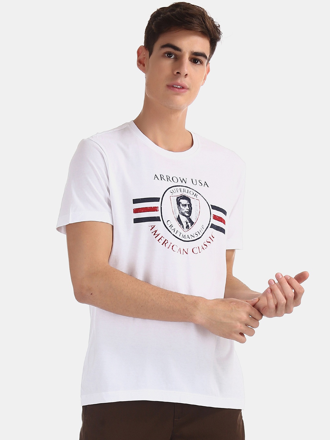

Arrow Sport Men White Printed Round Neck Pure Cotton T-shirt