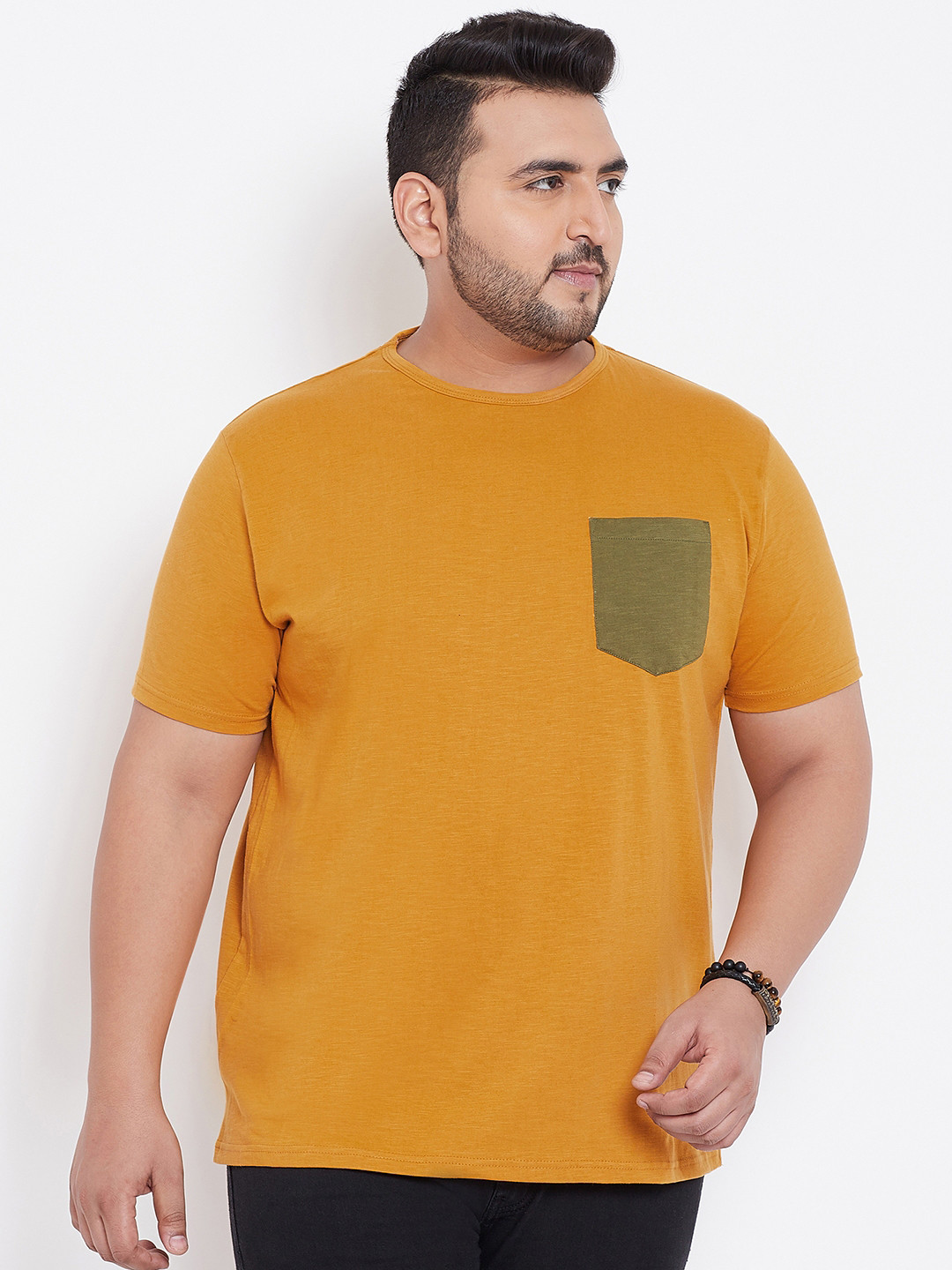 

bigbanana Plus Size Men Mustard Yellow Solid Round Neck Bio Finish Pure Cotton T-shirt
