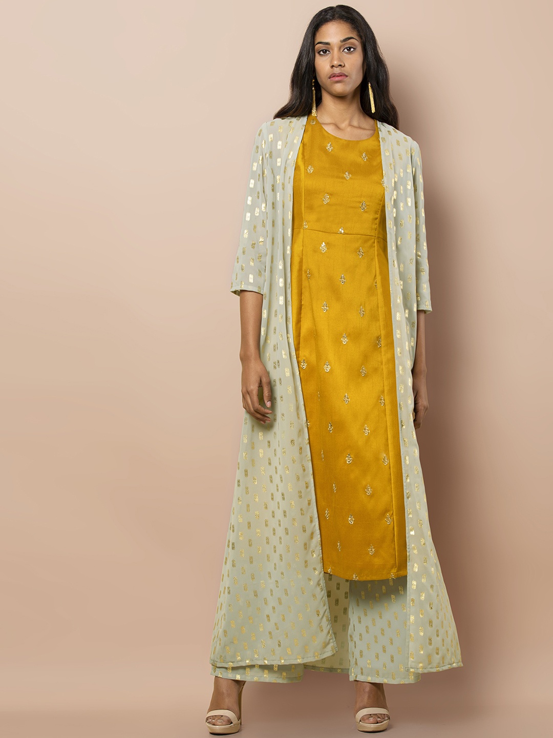 

INDYA Women Green Self Design Open Front Shrug