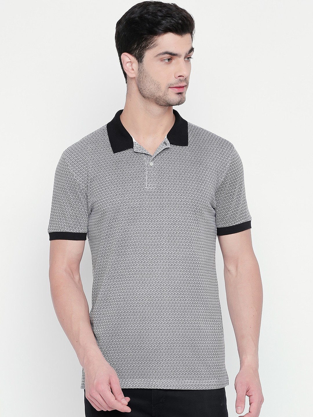 BYFORD by Pantaloons Men & Black Grey Printed Polo Collar T-shirt