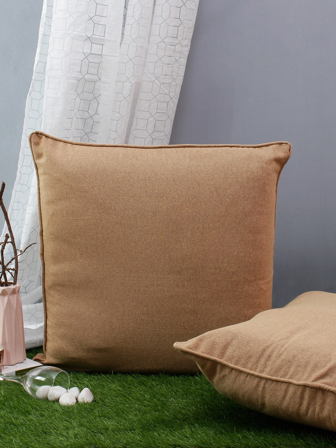 Soumya Beige Set of 2 Solid Square Cushion Covers