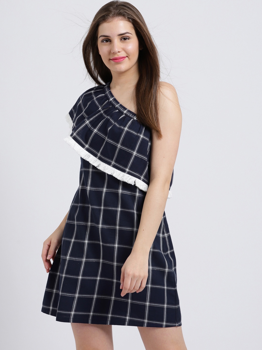 

Sibi Women Navy Blue Checked A-Line Dress