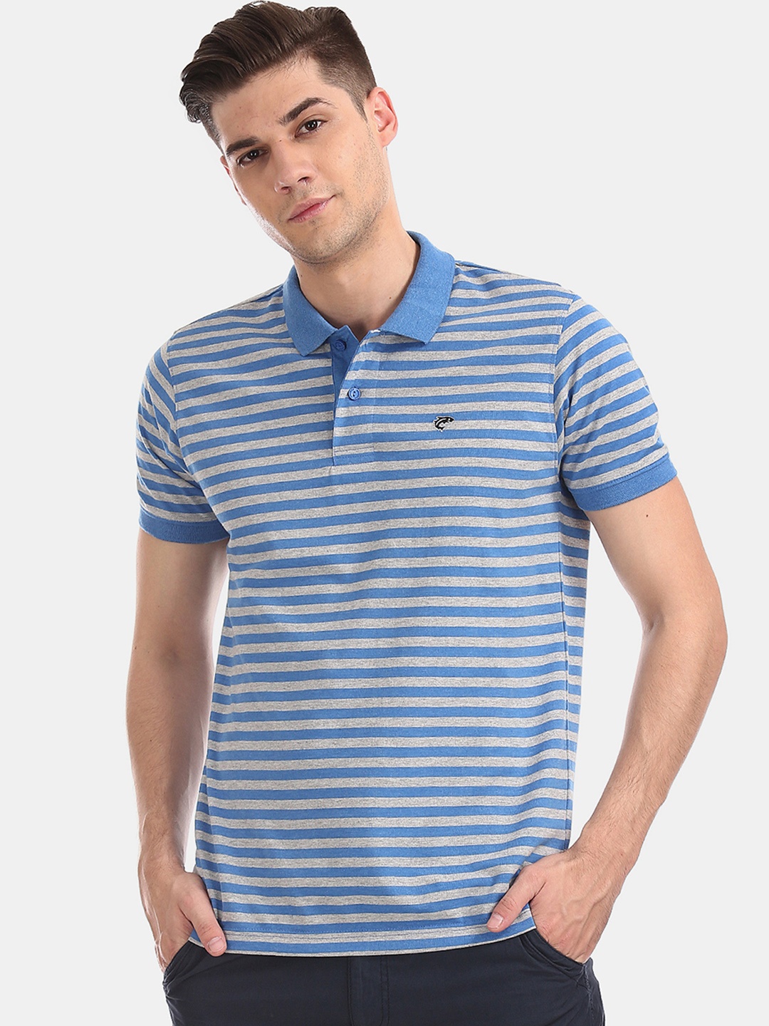 

Ruggers Men Grey & Blue Striped Polo Collar T-shirt