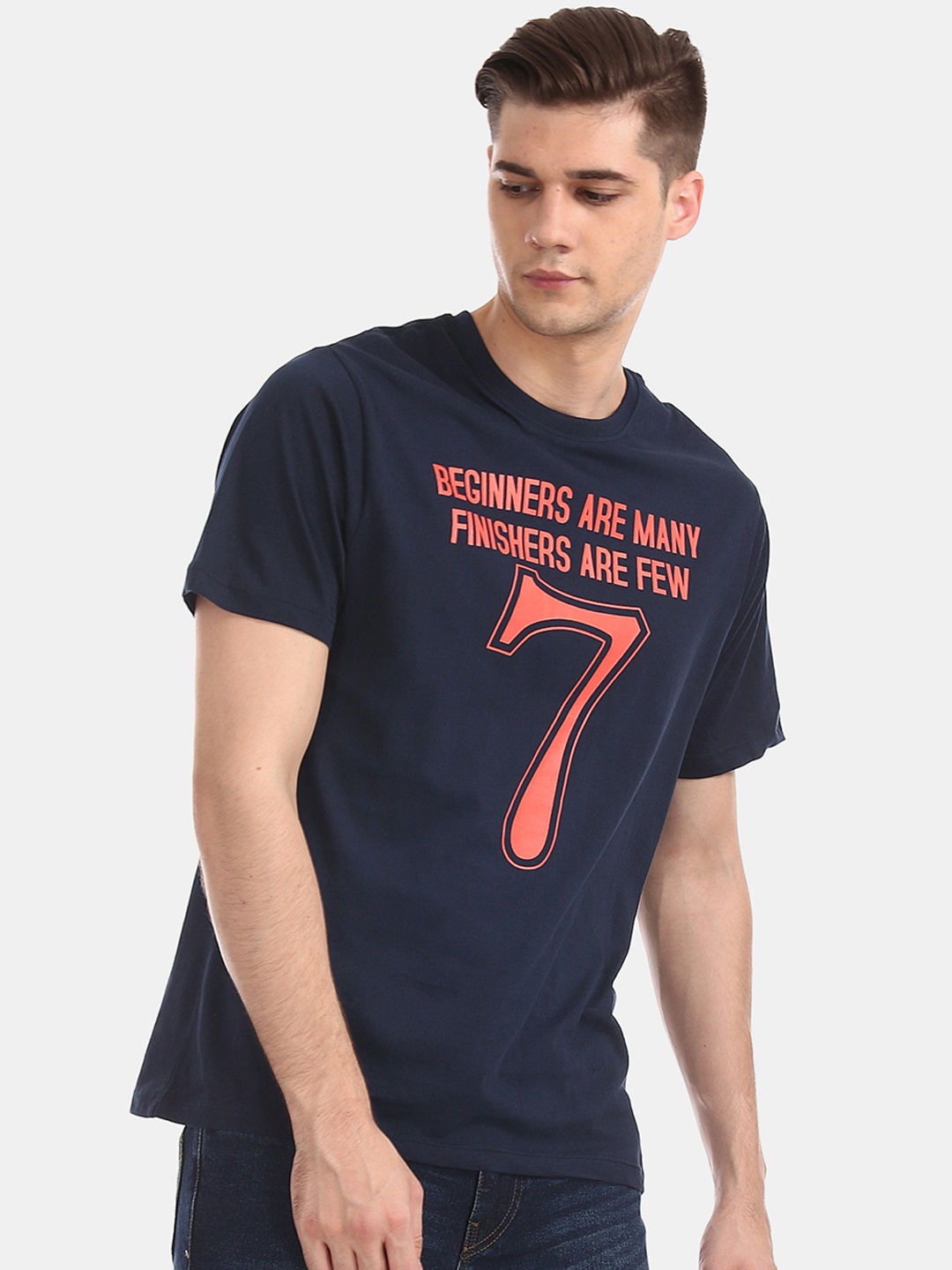 

Colt Men Navy Blue Printed Round Neck Pure Cotton T-shirt