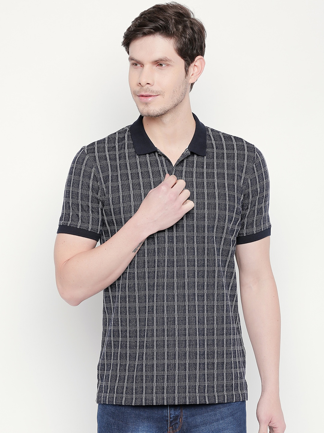 

BYFORD by Pantaloons Men Navy Blue Checked Polo Collar T-shirt