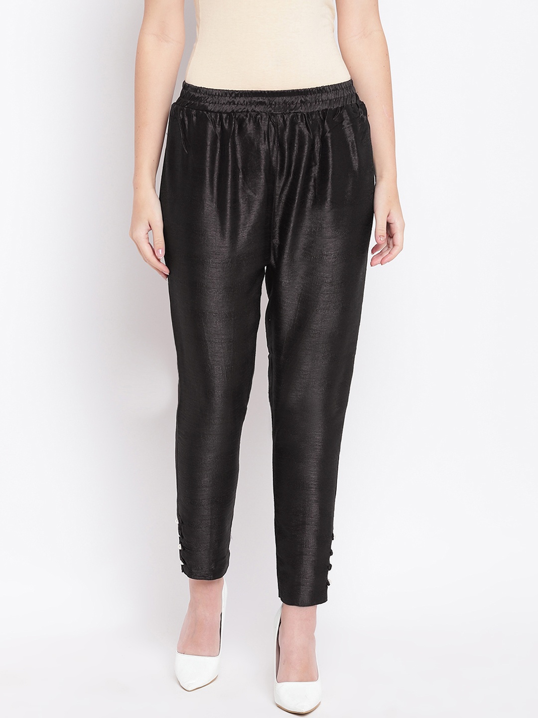 

RIVI Women Black Relaxed Regular Fit Solid Silk Cigarette Trousers
