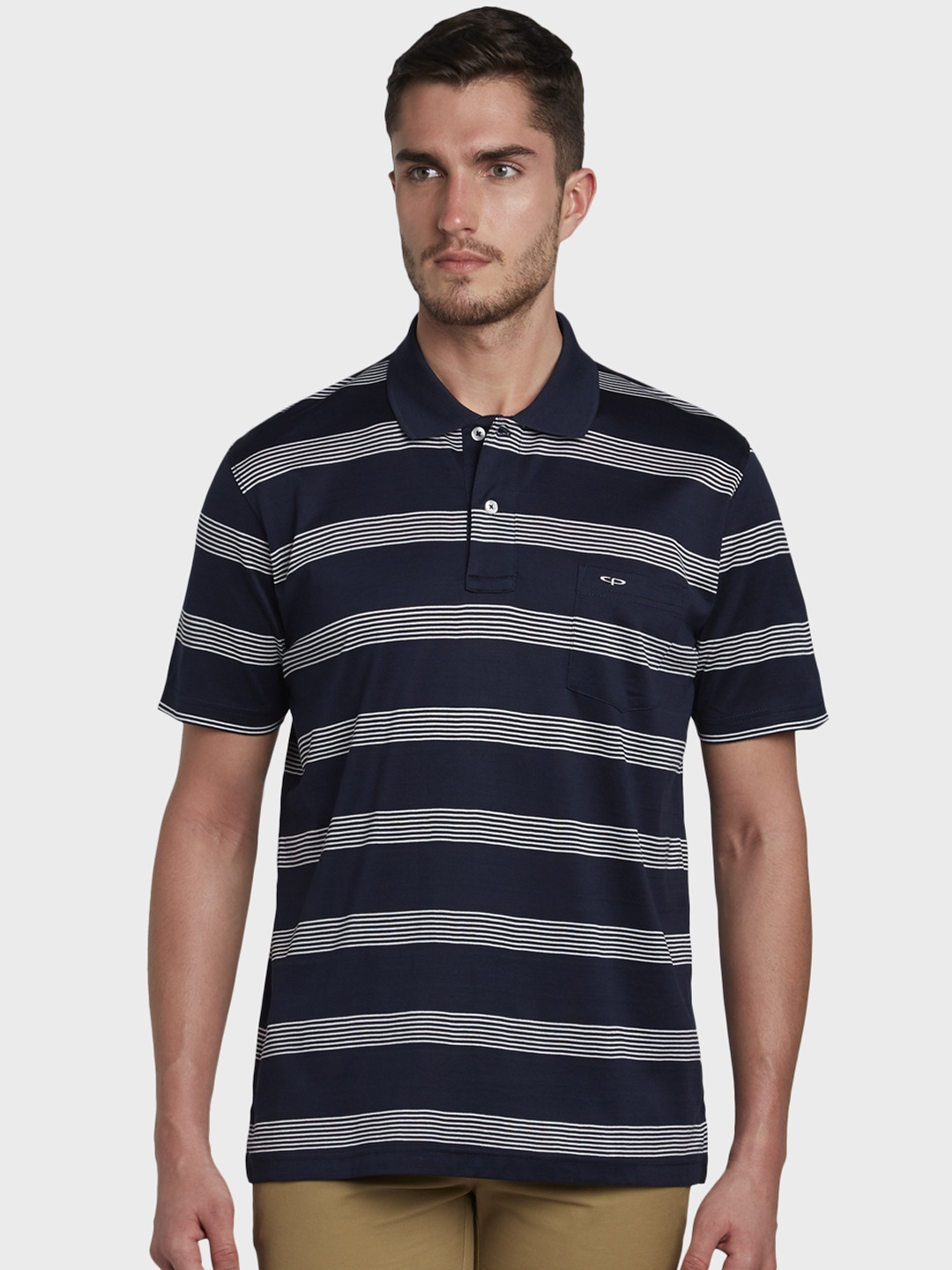ColorPlus Men Navy Blue Striped Polo Collar T-shirt