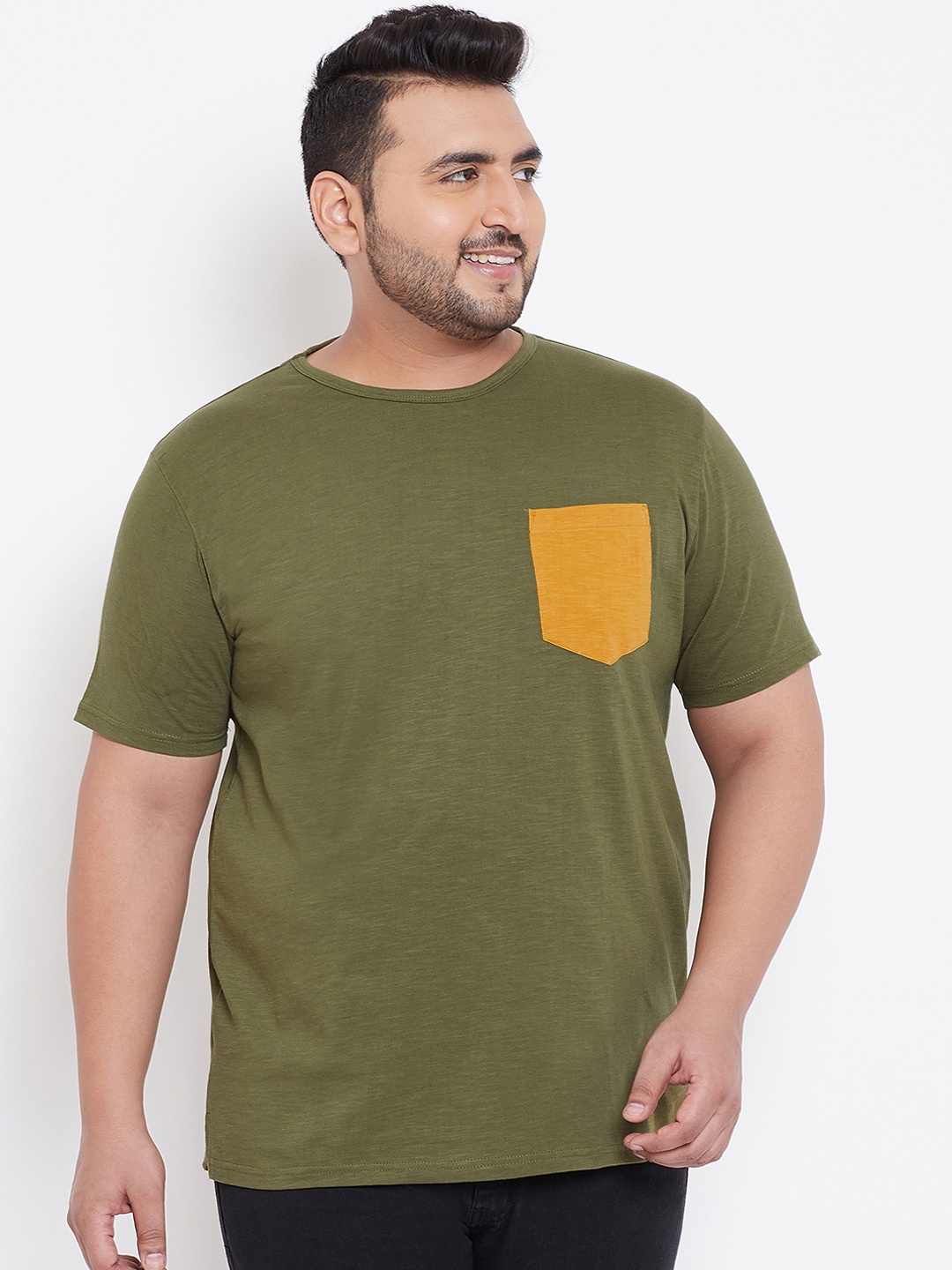 

bigbanana Plus Size Men Olive Green Solid Round Neck Bio Finish Pure Cotton T-shirt