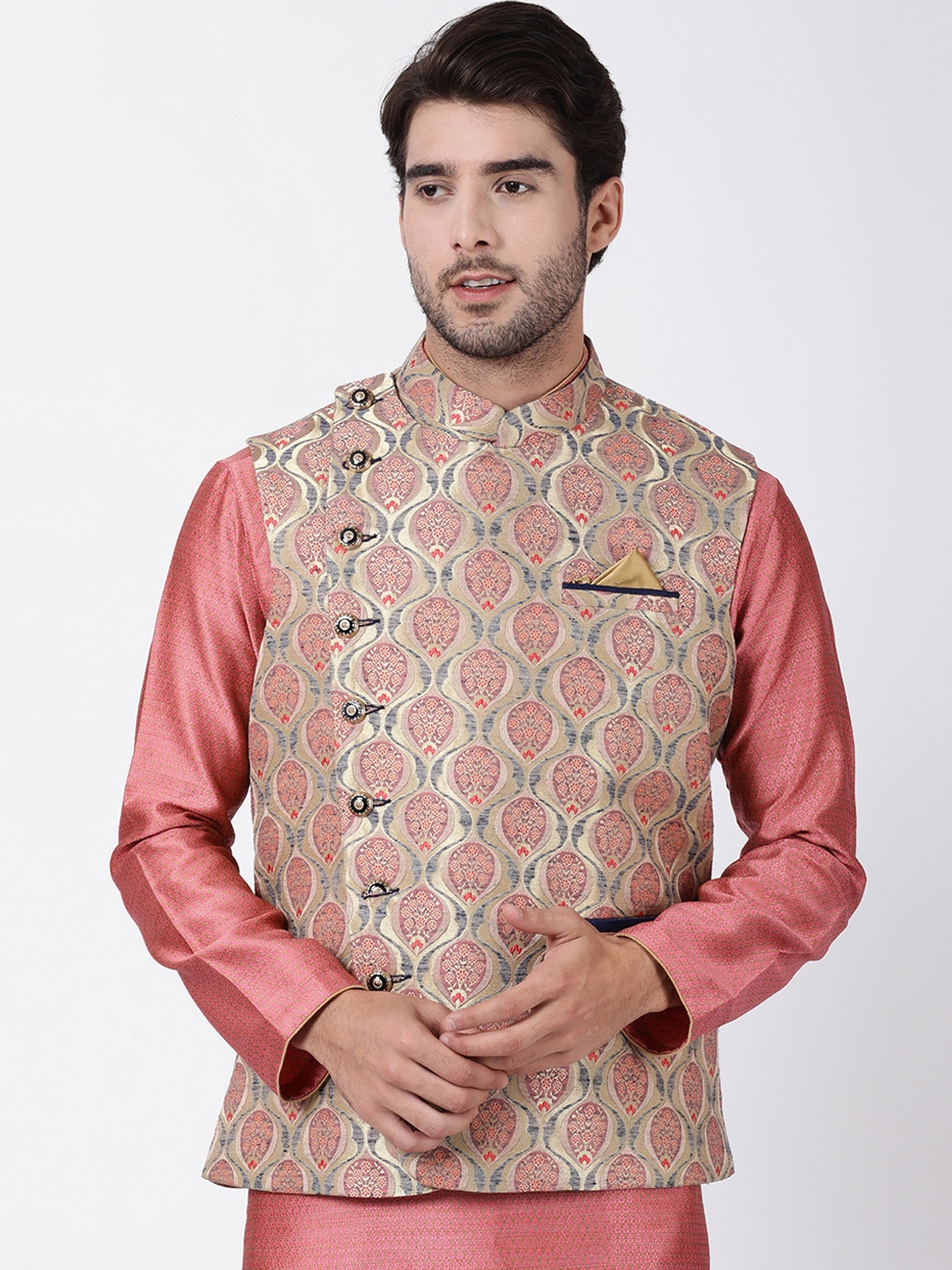 

VASTRAMAY Men Peach Coloured & Beige Printed Nehru Jacket