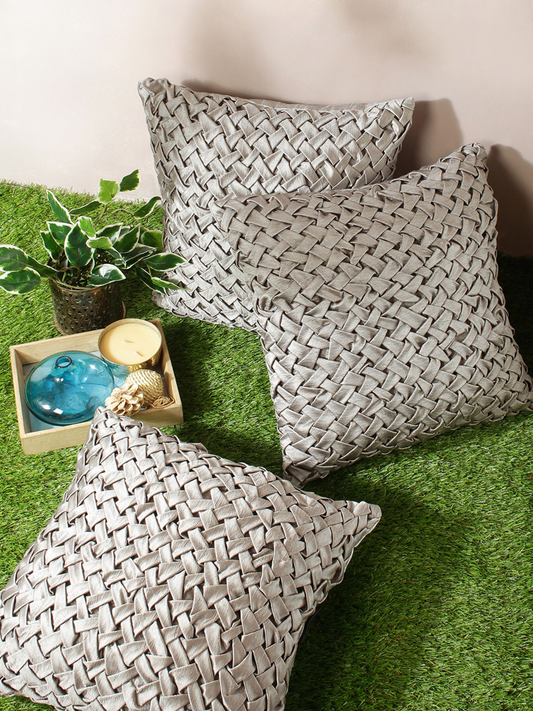 

ROMEE Silver-Toned Set of 3 Geometric Square Cushion Covers