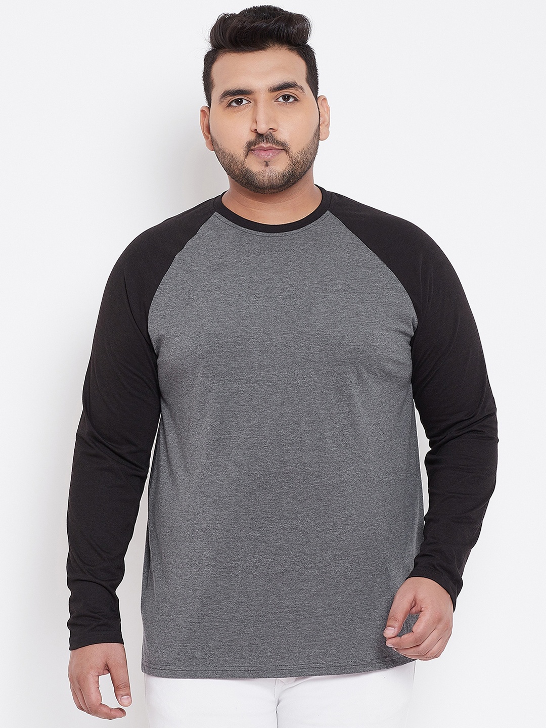 

bigbanana Plus Size Men Grey Black Solid Round Neck Pure Cotton T-shirt