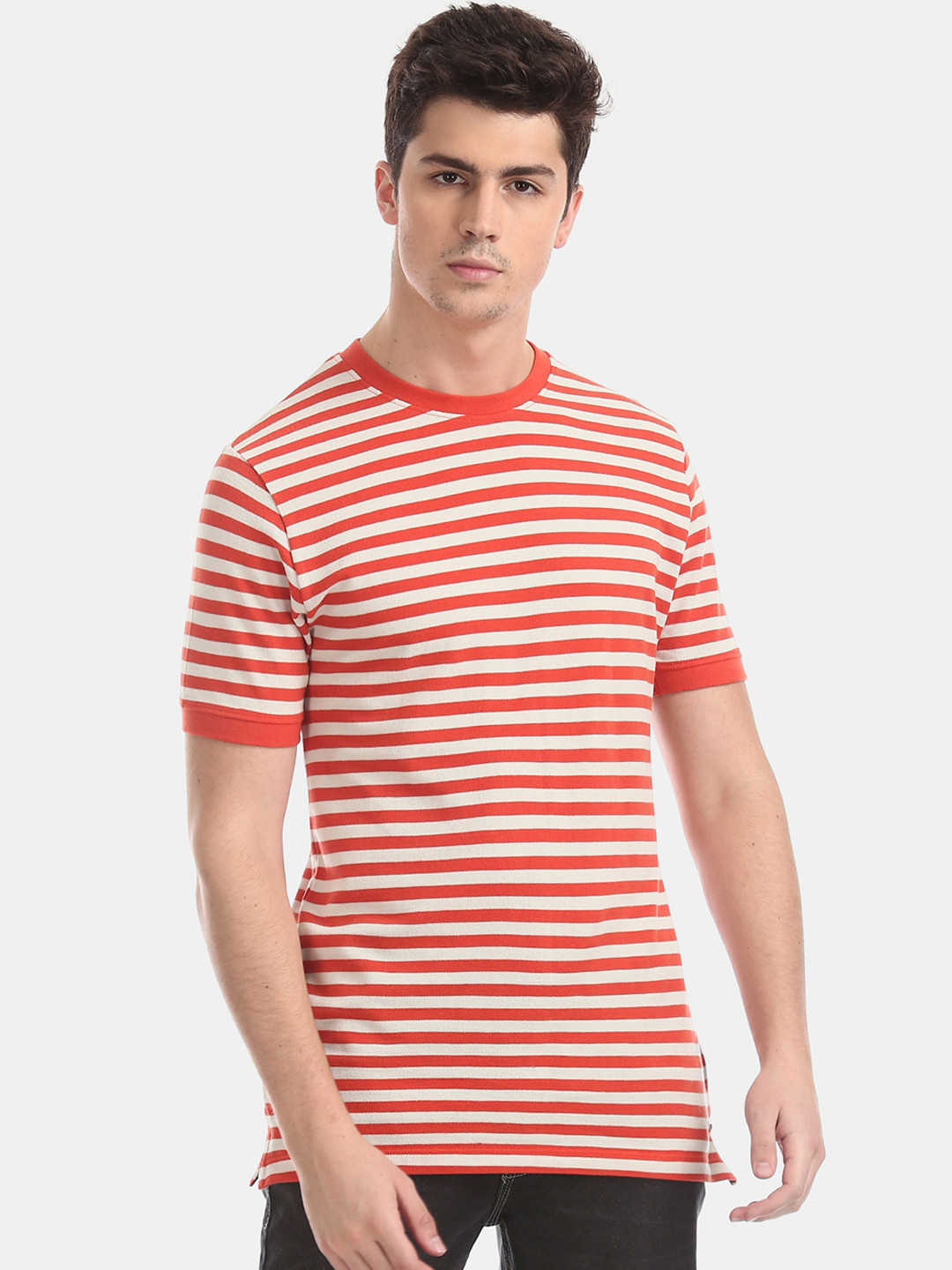 

Cherokee Men Red Striped Slim-Fit Round Neck Pure Cotton T-shirt