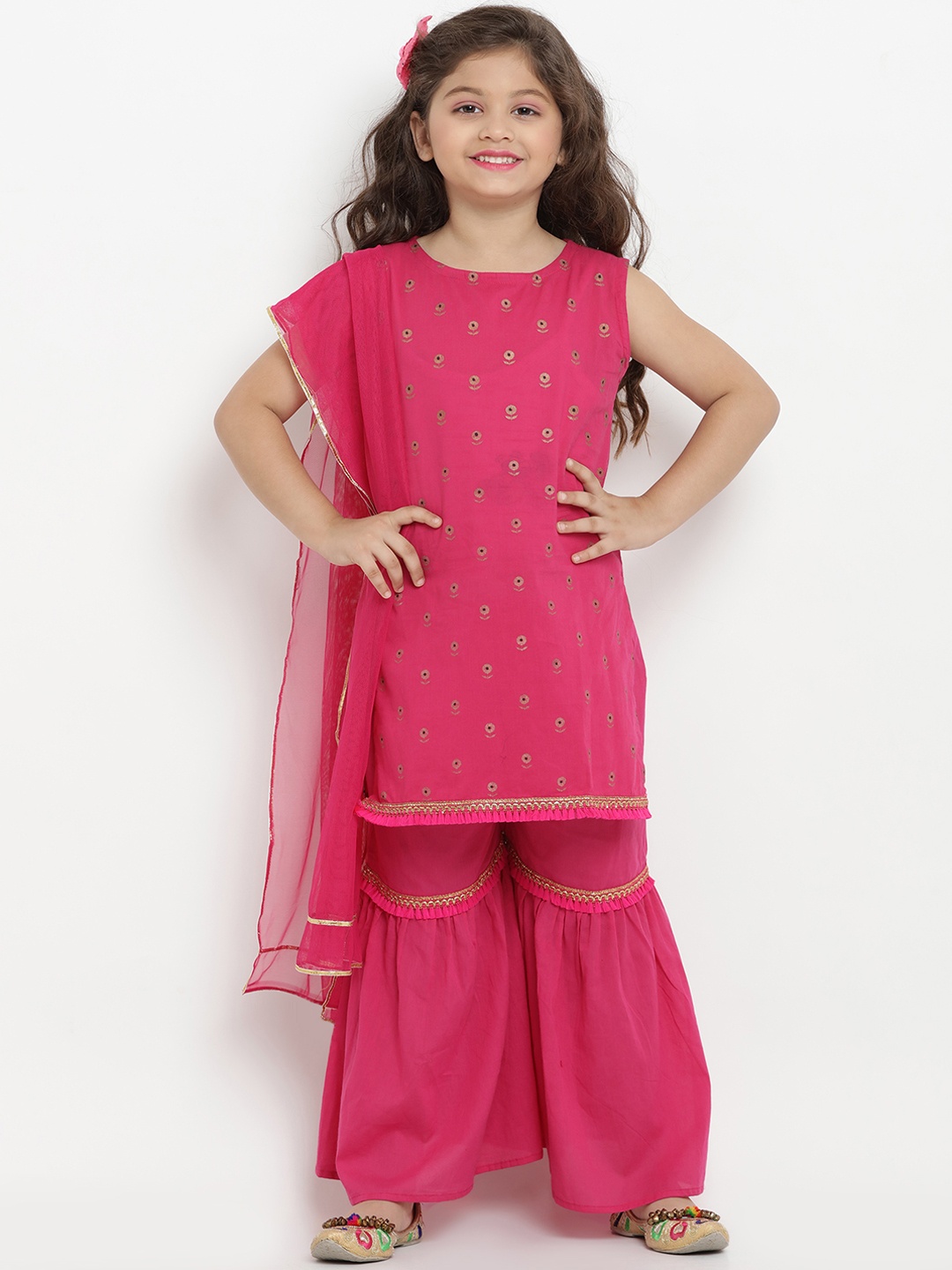 

Bitiya by Bhama Girls Fuchsia Printed Kurta with Sharara & Dupatta