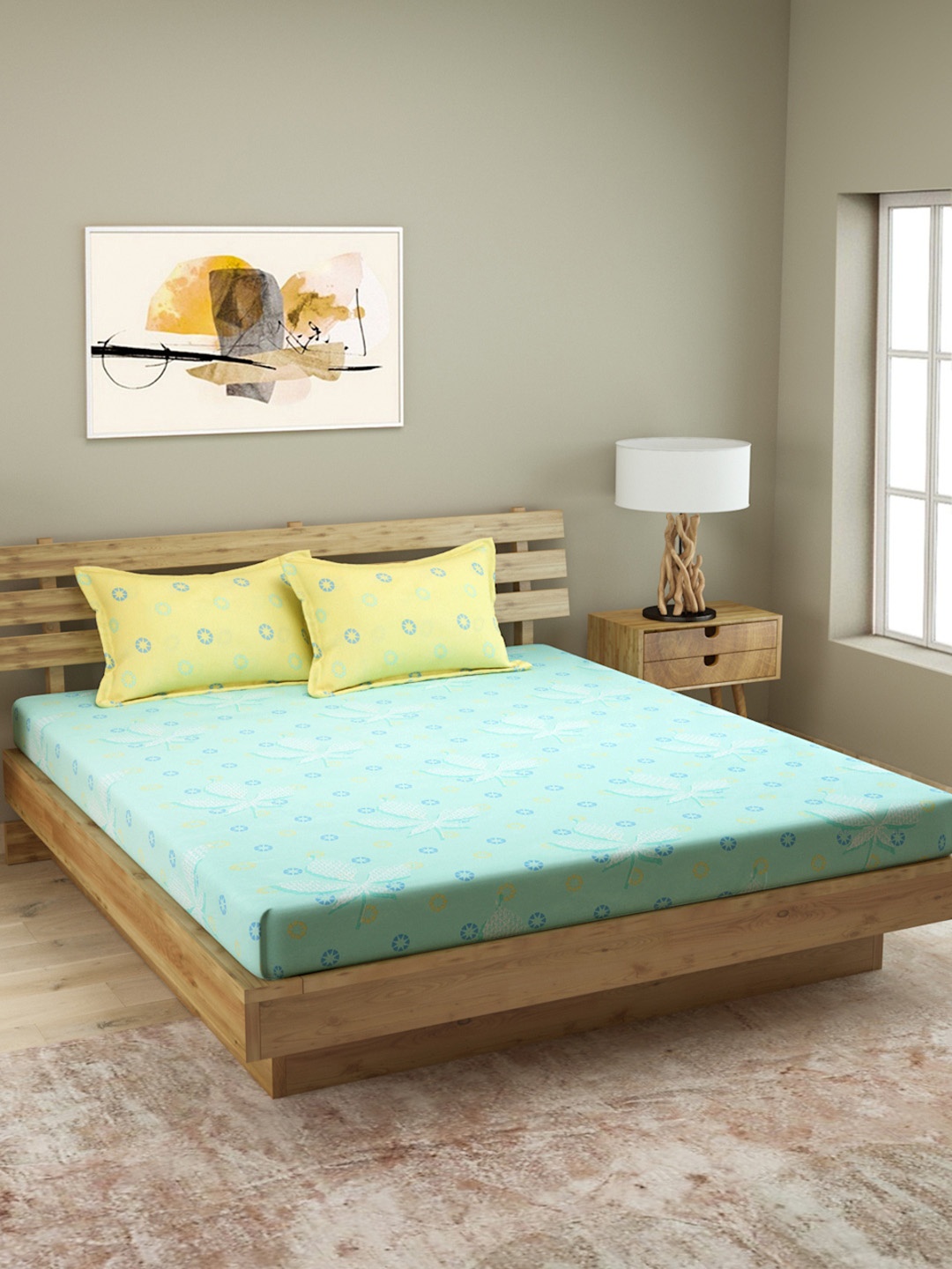 

ROMEE Blue & Yellow Floral Print 144 TC Cotton 1 Queen Bedsheet with 2 Pillow Covers