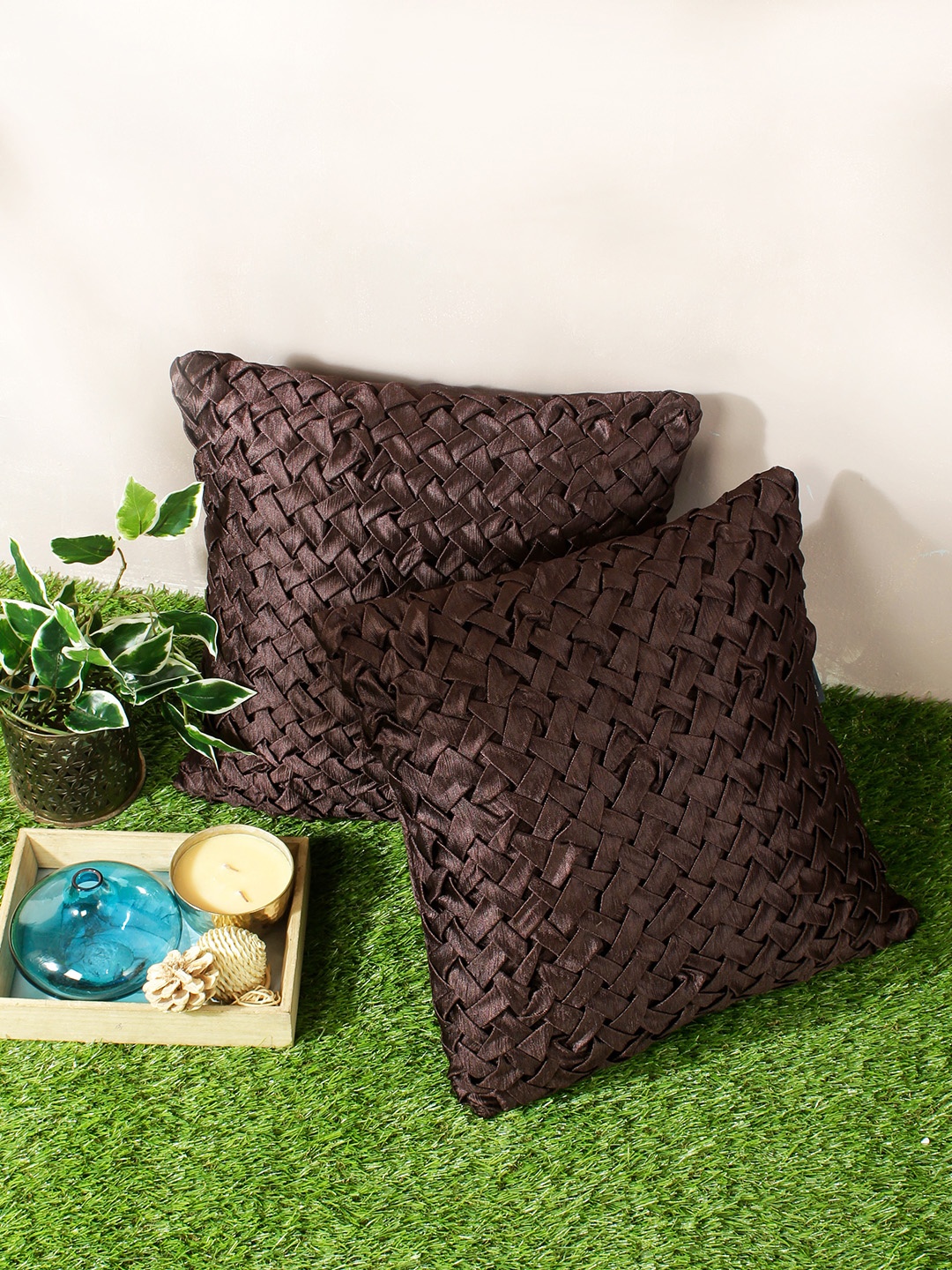 ROMEE Brown Set of 2 Geometric Square Cushion Covers