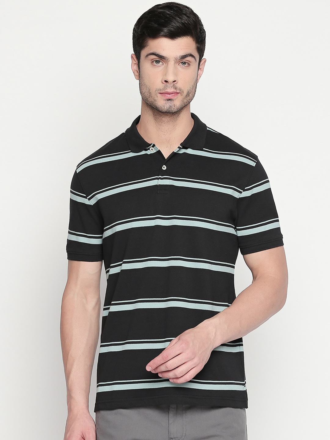 

BYFORD by Pantaloons Men Black Striped Polo Collar T-shirt