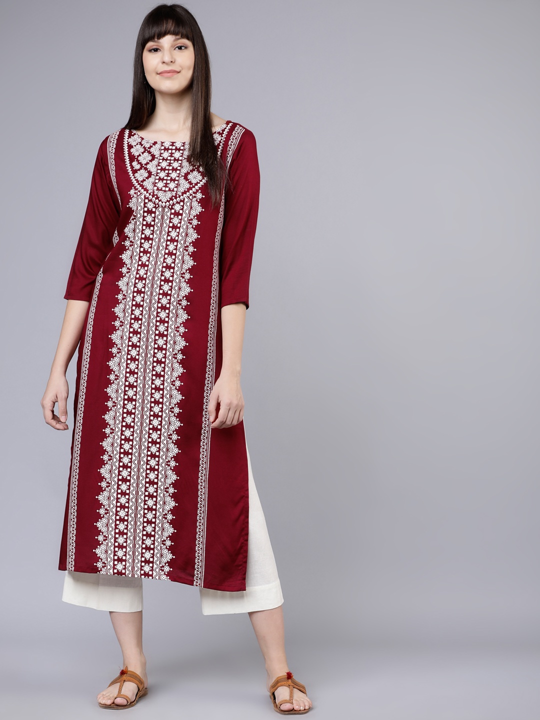 

Vishudh Women Maroon & White Printed Straight Kurta
