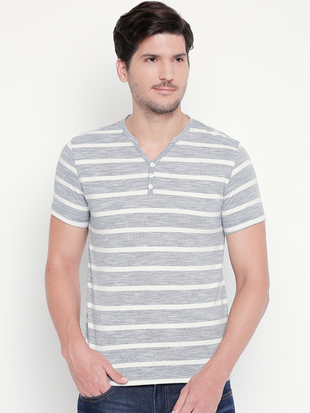 

Urban Ranger by pantaloons Men Off-White Grey Striped Henley Neck Pure Cotton T-shirt