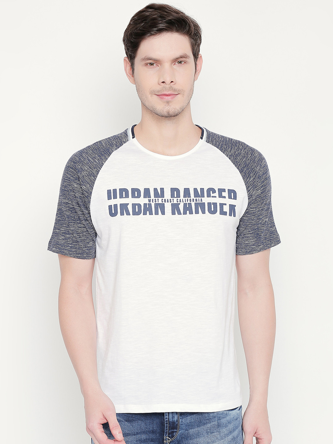 

Urban Ranger by pantaloons Men White Blue Printed Round Neck Pure Cotton T-shirt