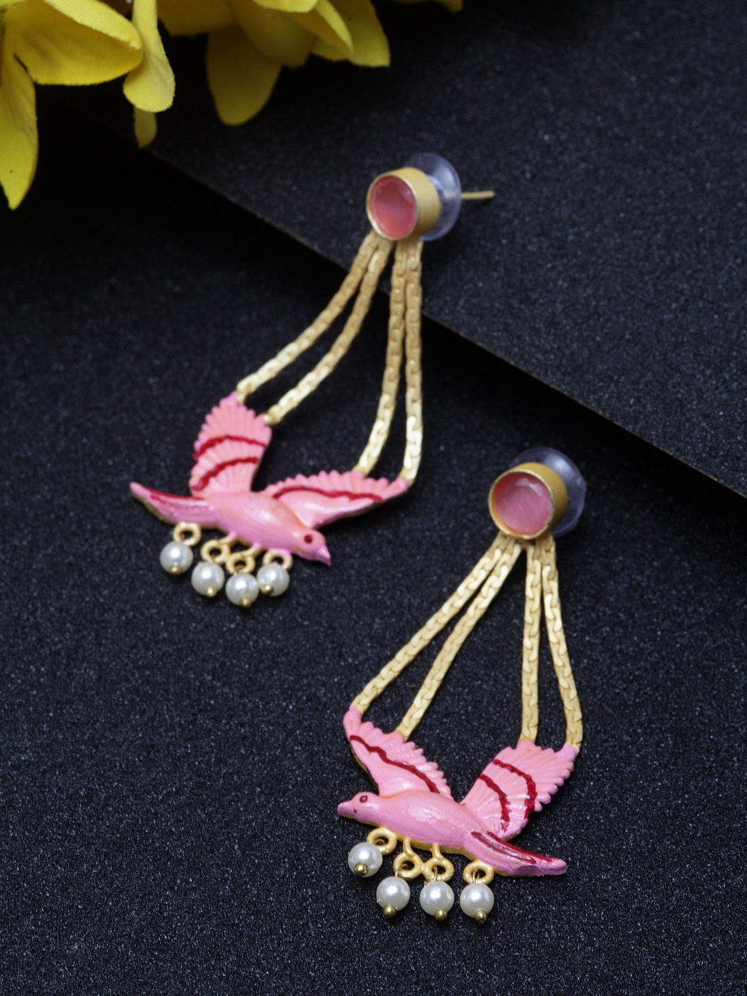 

Moedbuille Gold-Plated & Pink Handcrafted Meenakari Tasselled Peacock Shaped Drop Earrings