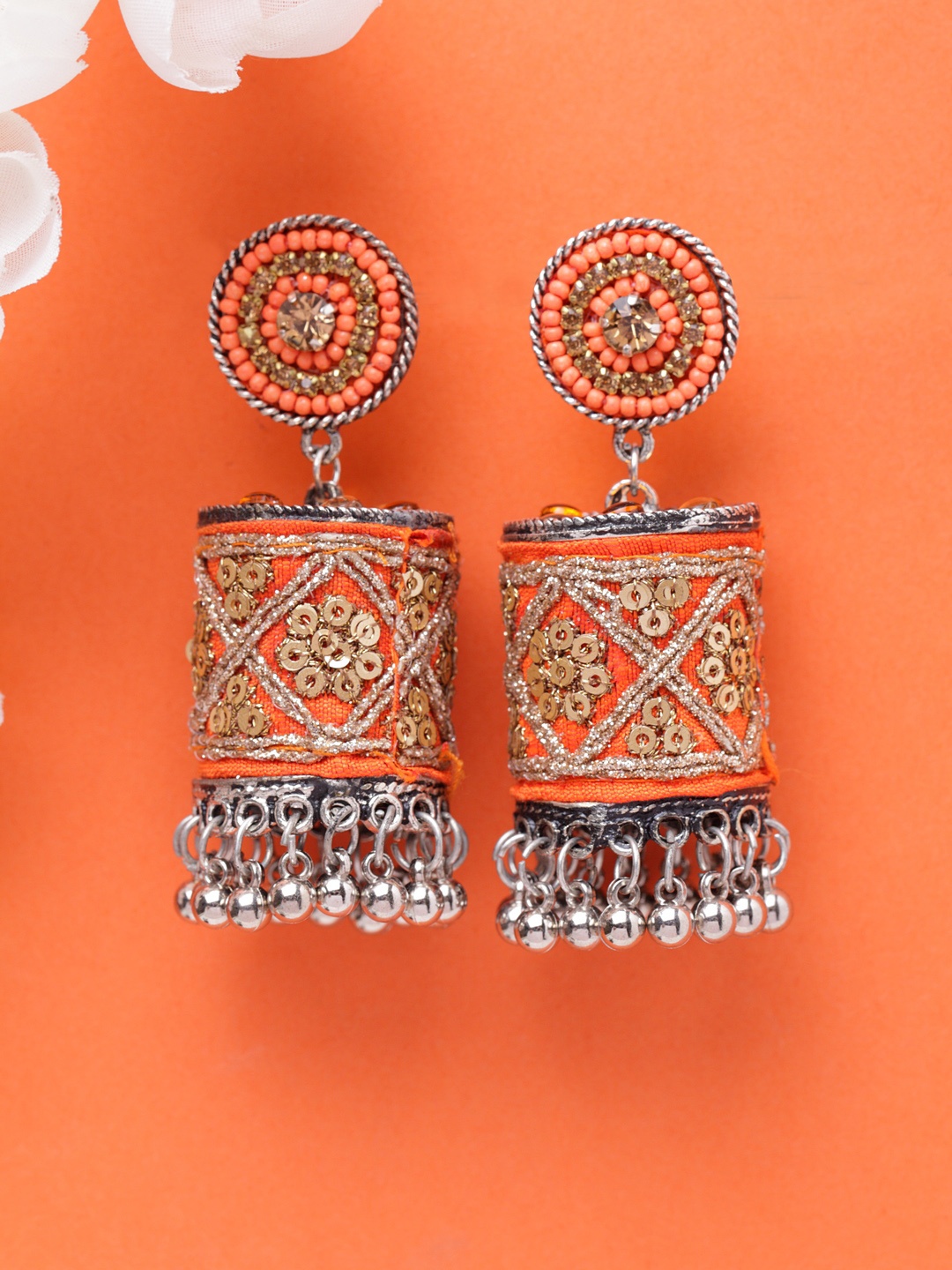 

Moedbuille Silver-Plated & Orange Zari Embroidery Drop Earrings