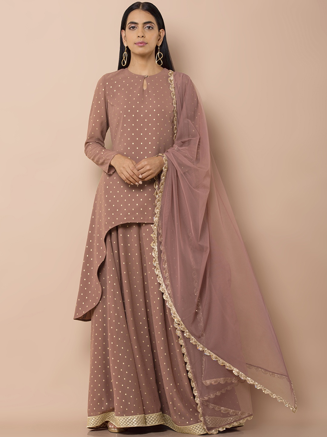 

INDYA Women Pink Foil Printed A-Line Kurti