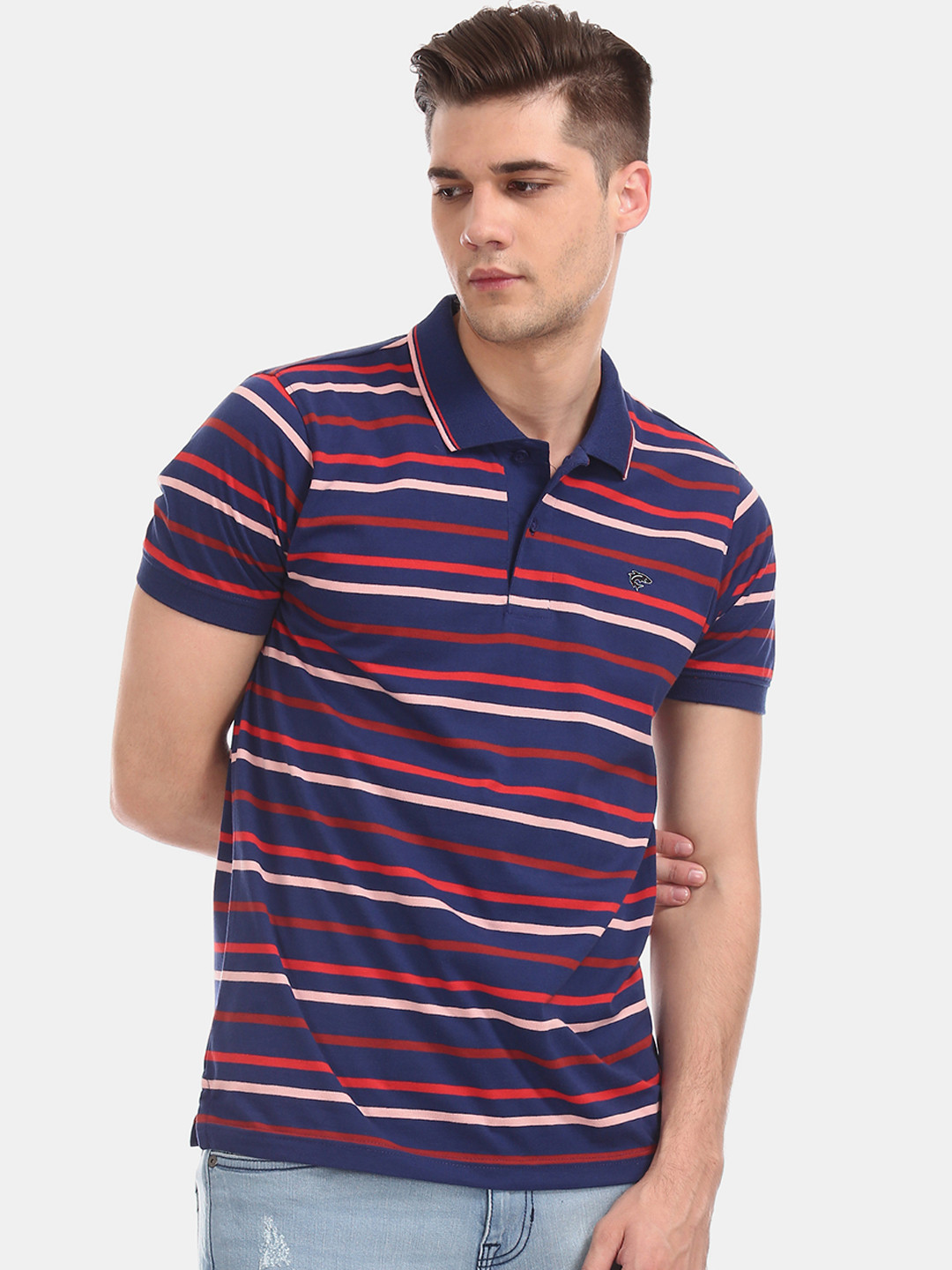 

Ruggers Men Navy Blue Striped Polo Collar T-shirt