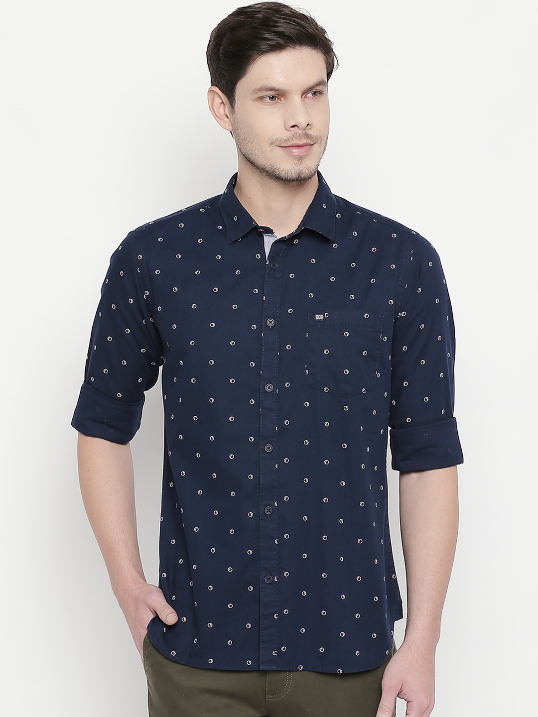

BYFORD by Pantaloons Men Navy Blue & Beige Slim Fit Printed Casual Shirt