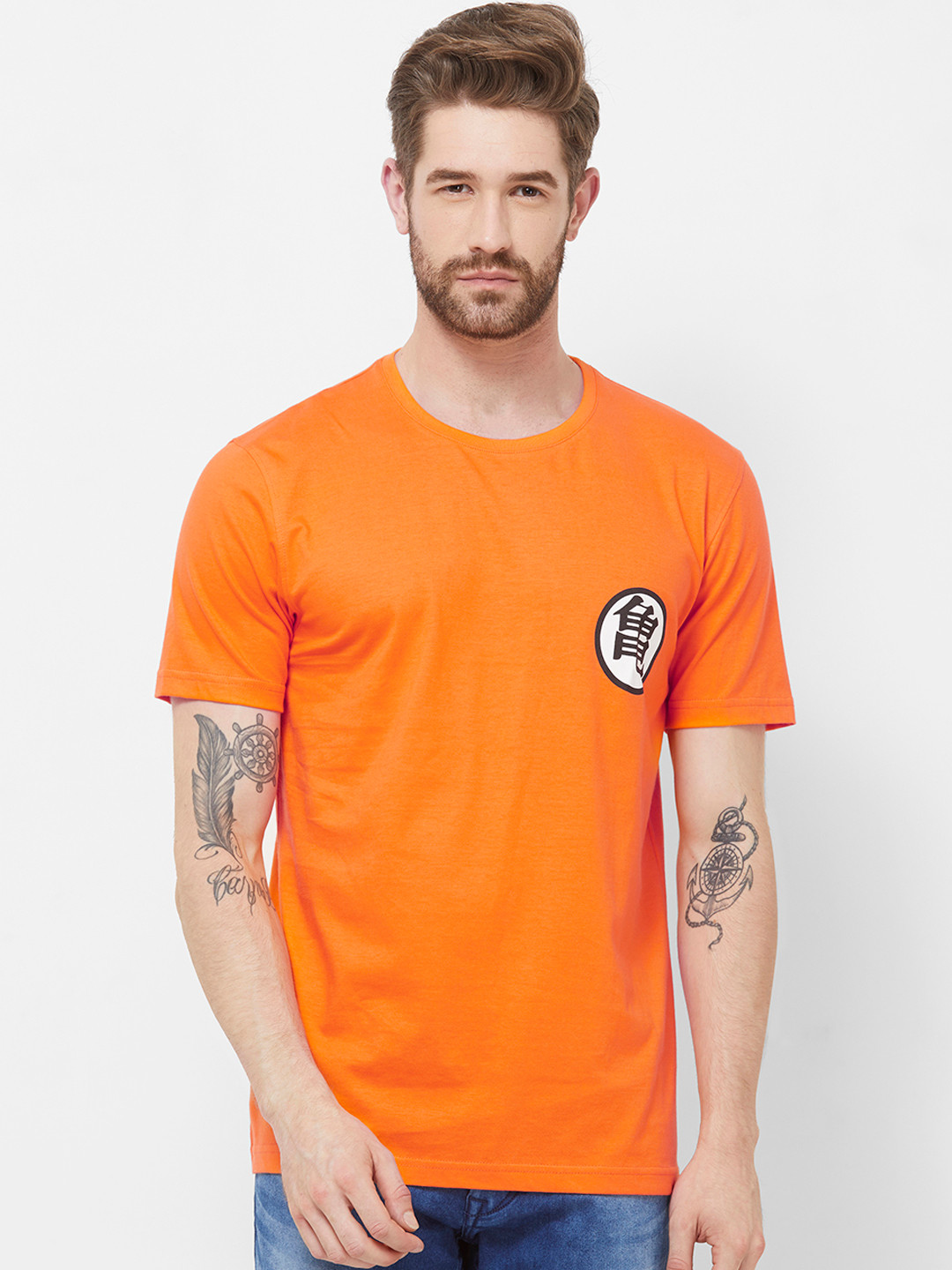 

Redwolf Men Orange King Kai Kanji Printed Round Neck T-shirt