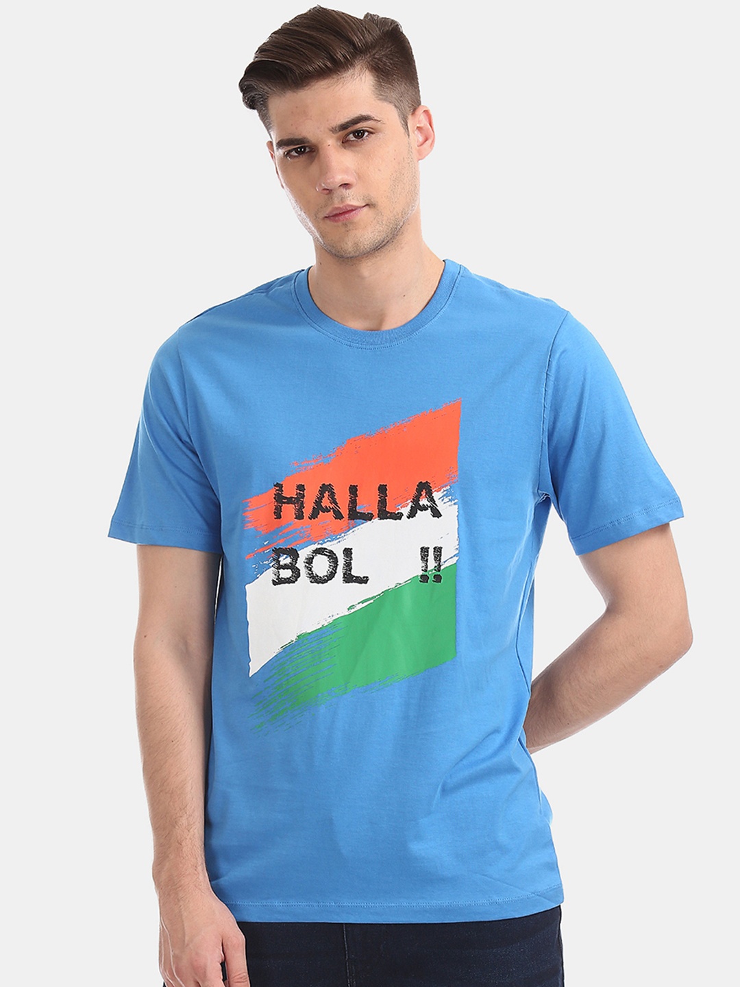 

Colt Men Blue Printed Round Neck Pure Cotton T-shirt