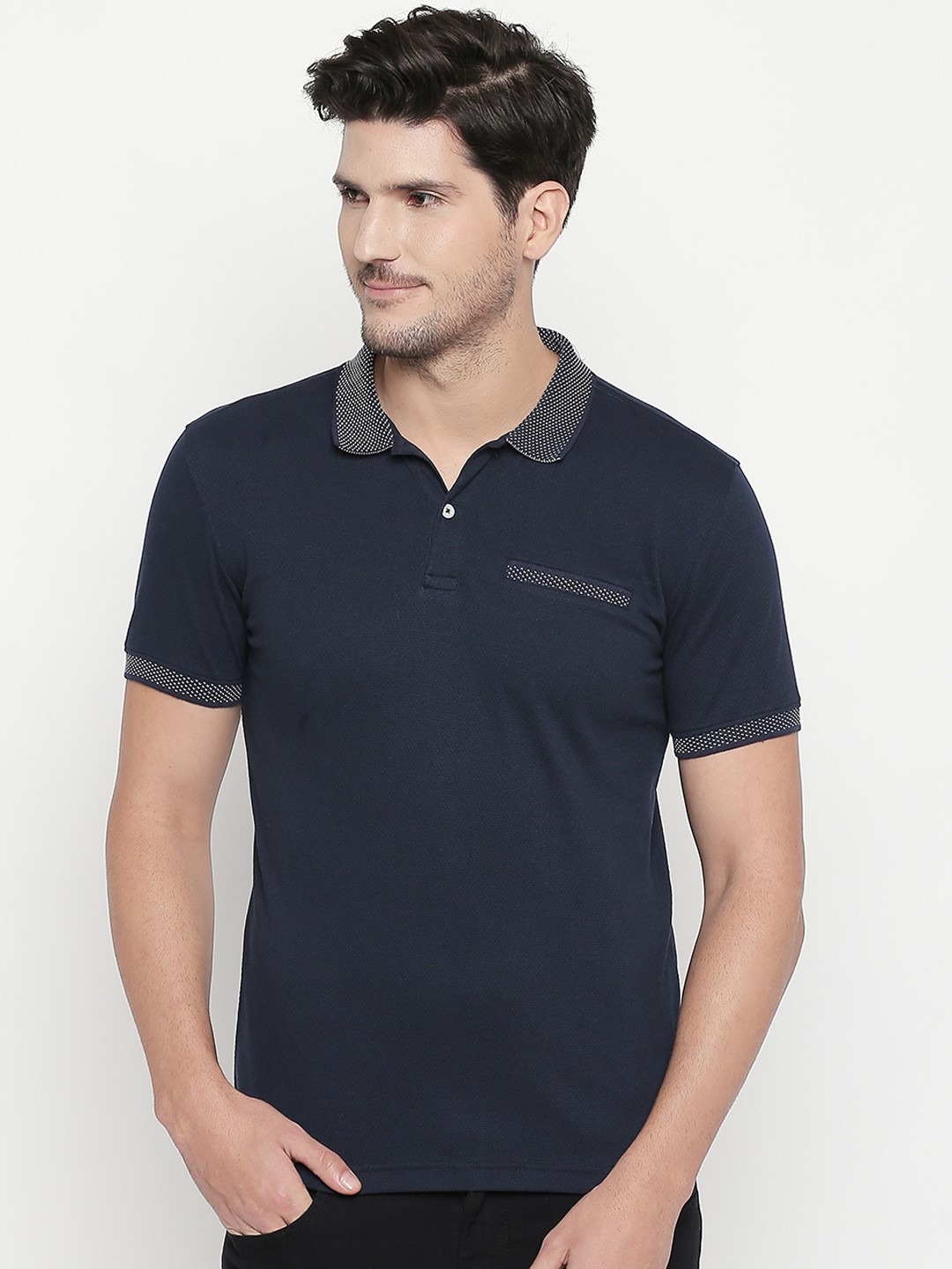 

BYFORD by Pantaloons Men Navy Blue Printed Polo Collar T-shirt
