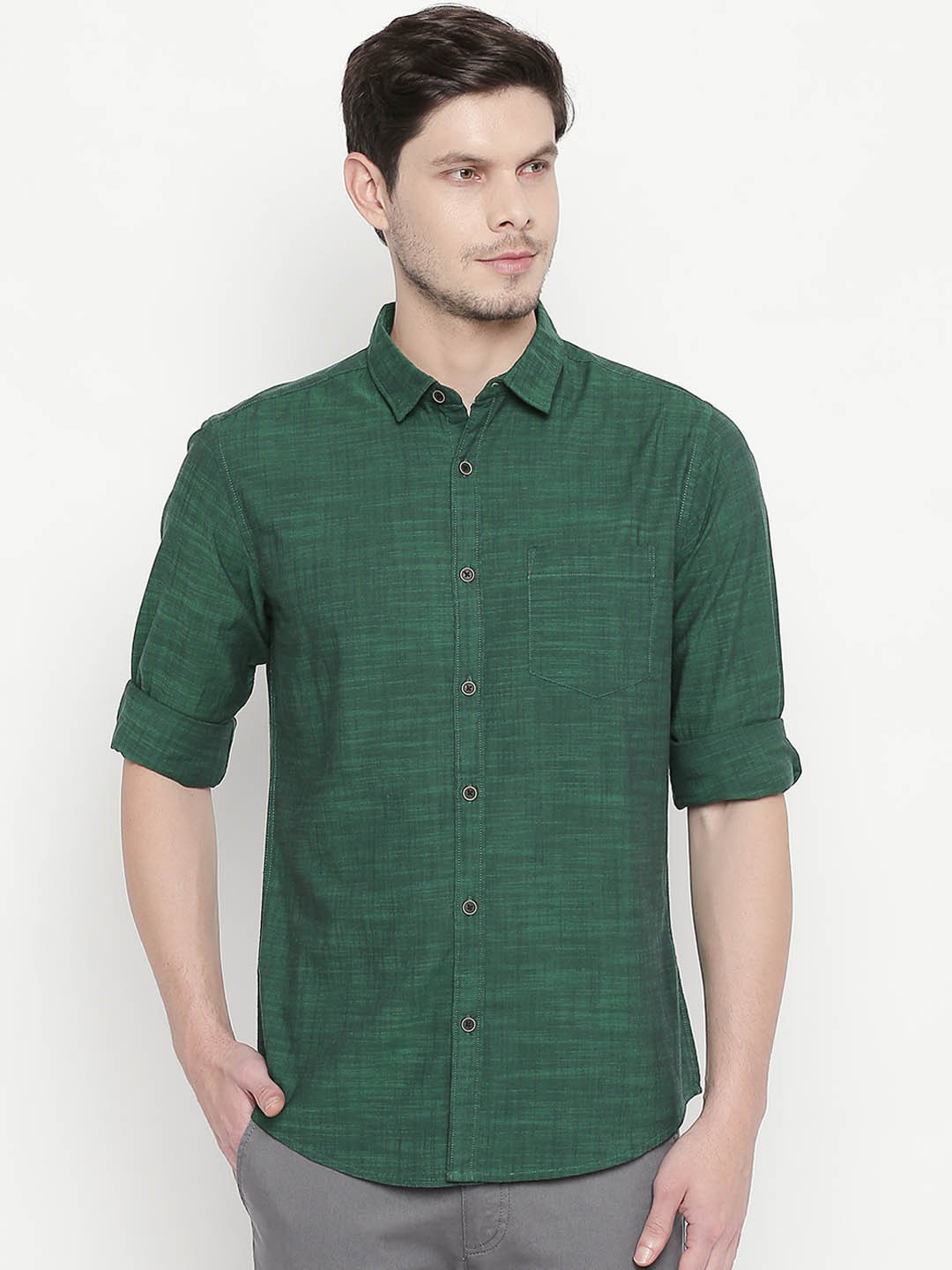 

BYFORD by Pantaloons Men Green Slim Fit Solid Casual Shirt
