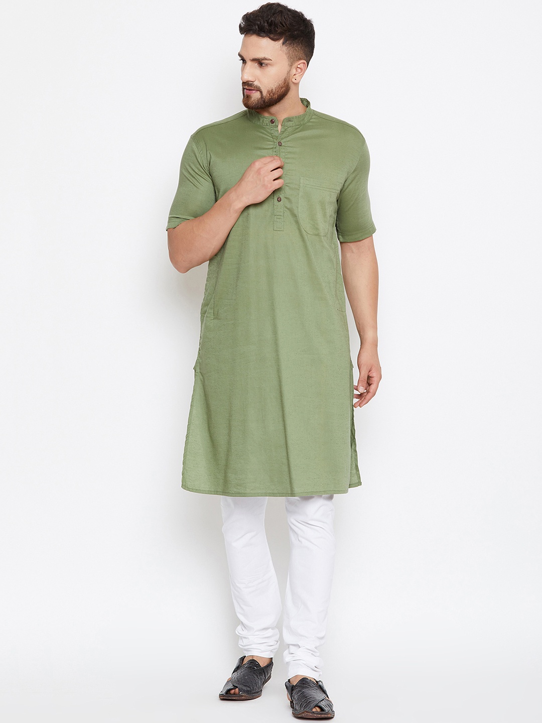 

even Men Green Solid Linen Straight Kurta