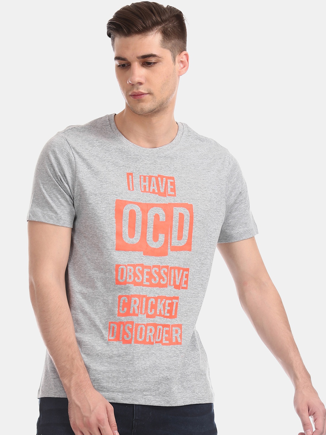 

Colt Men Grey & Orange Printed Round Neck T-shirt