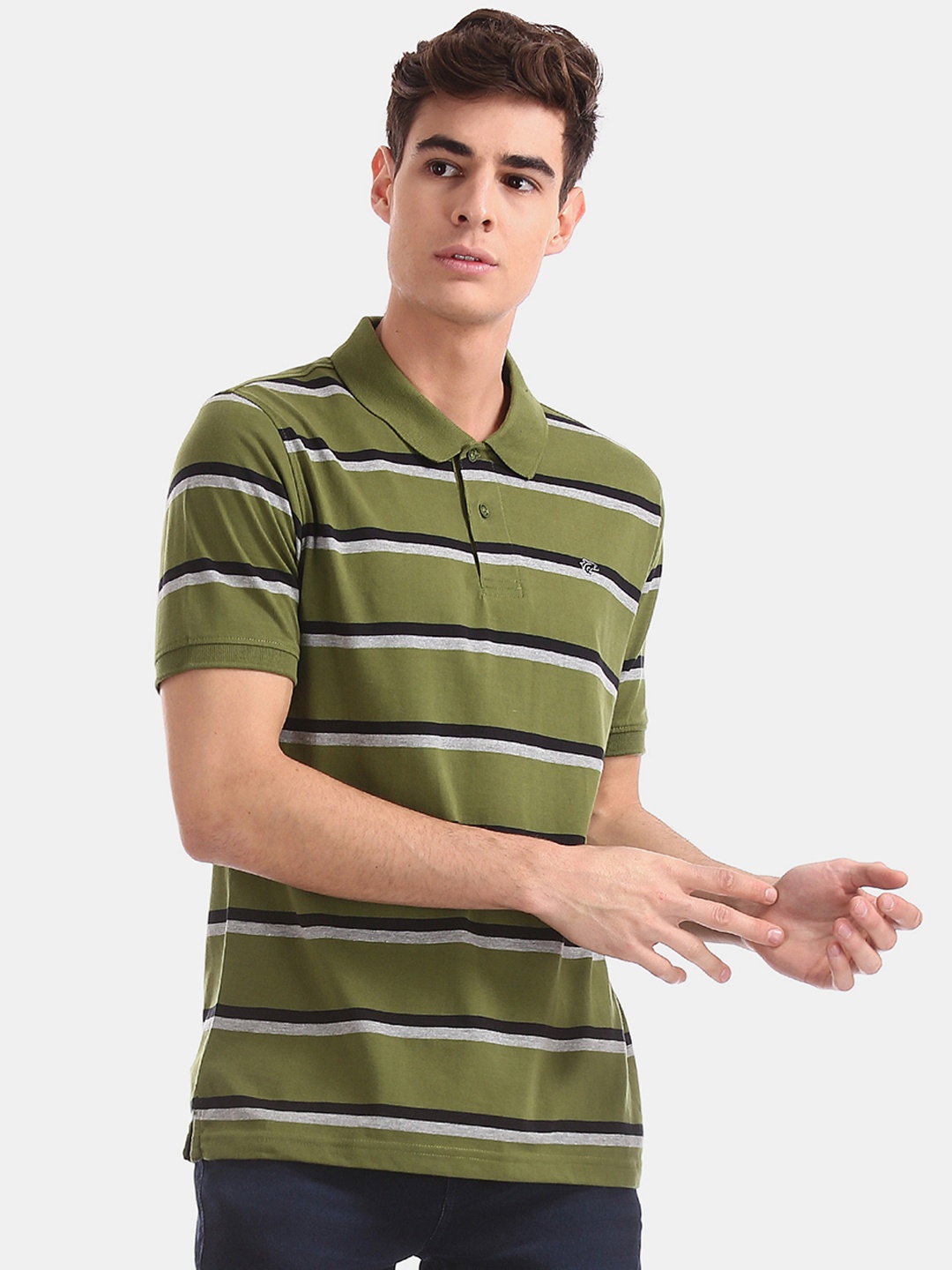 

Ruggers Men Green Striped Polo Collar T-shirt