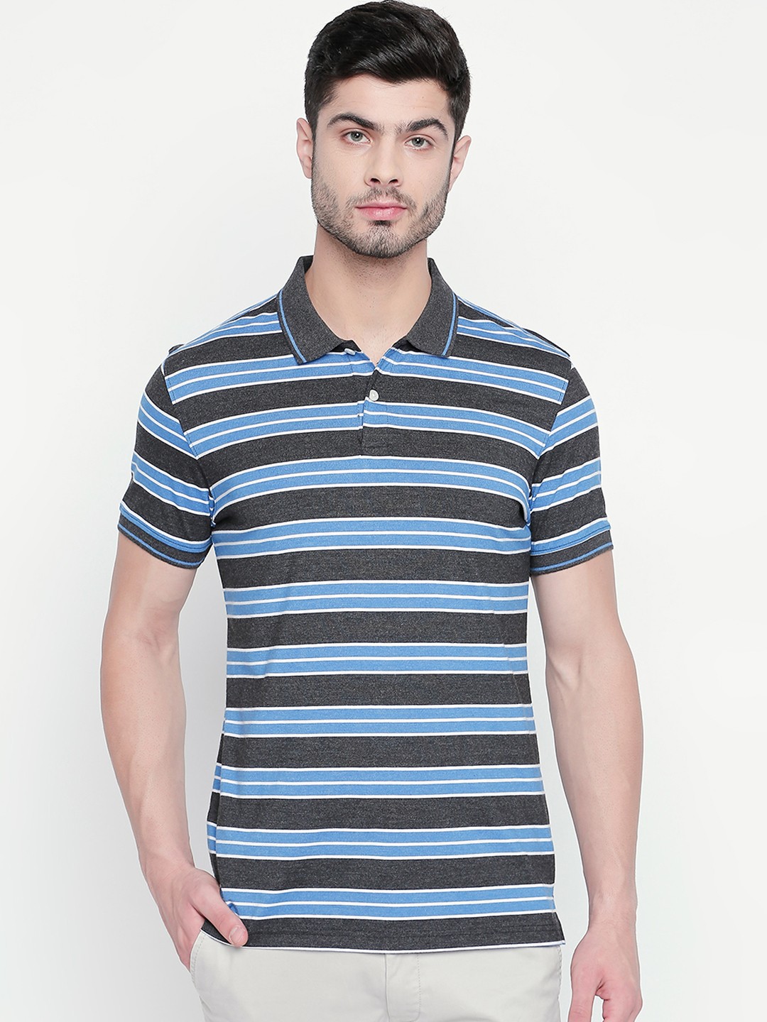 

BYFORD by Pantaloons Men Grey Striped Polo Collar T-shirt