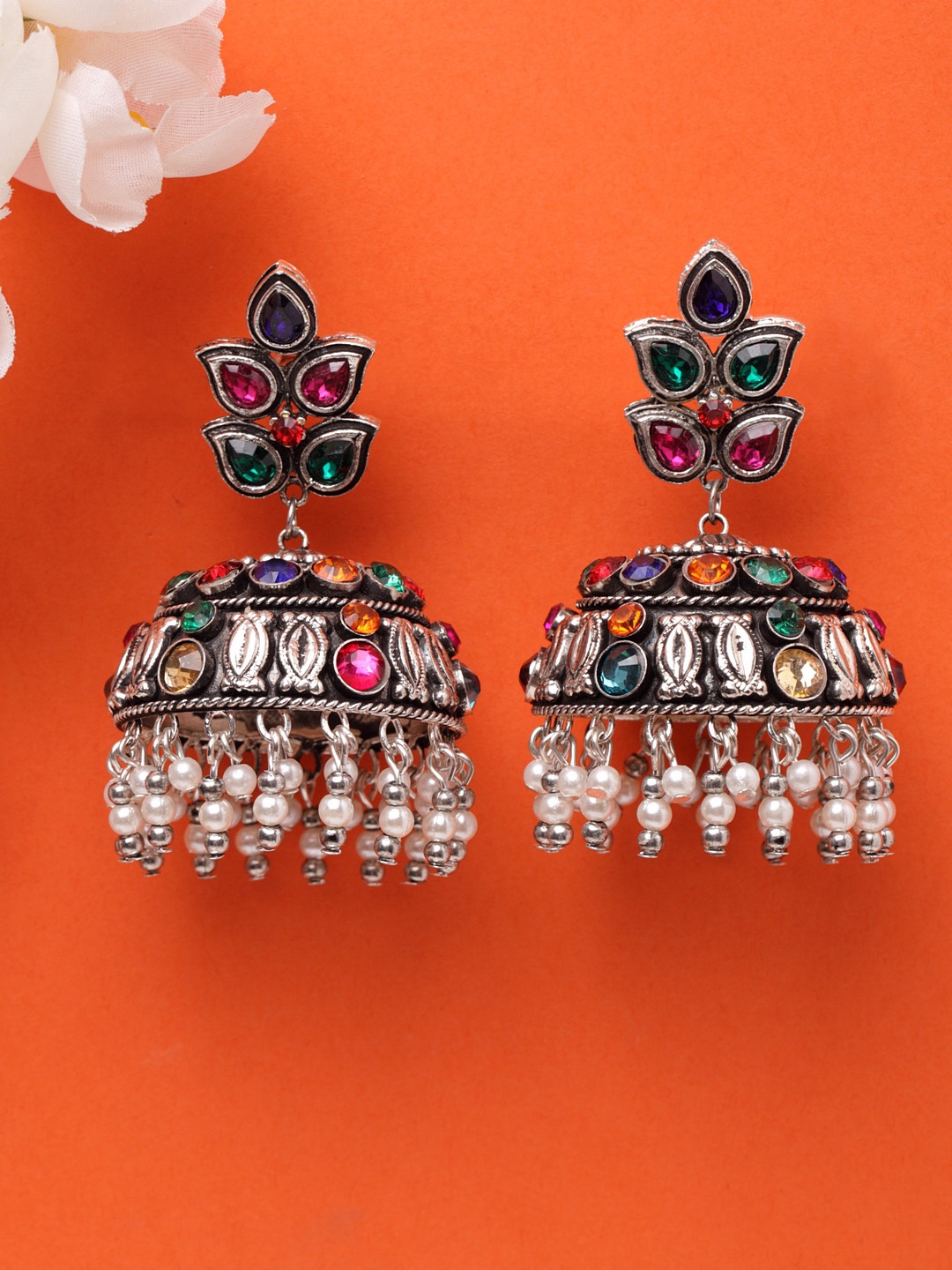 

Moedbuille Silver-Plated Multicoloured Dome Shaped Jhumkas, Multi