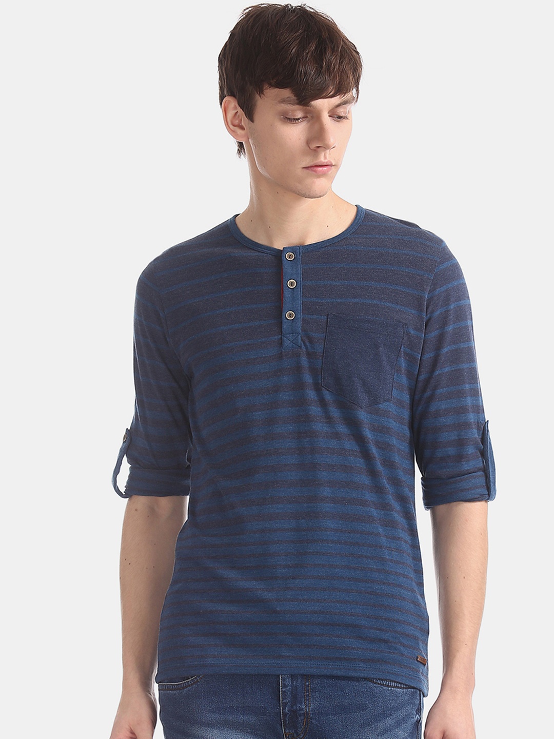 

Cherokee Men Blue Striped Slim-Fit Henley Neck T-shirt