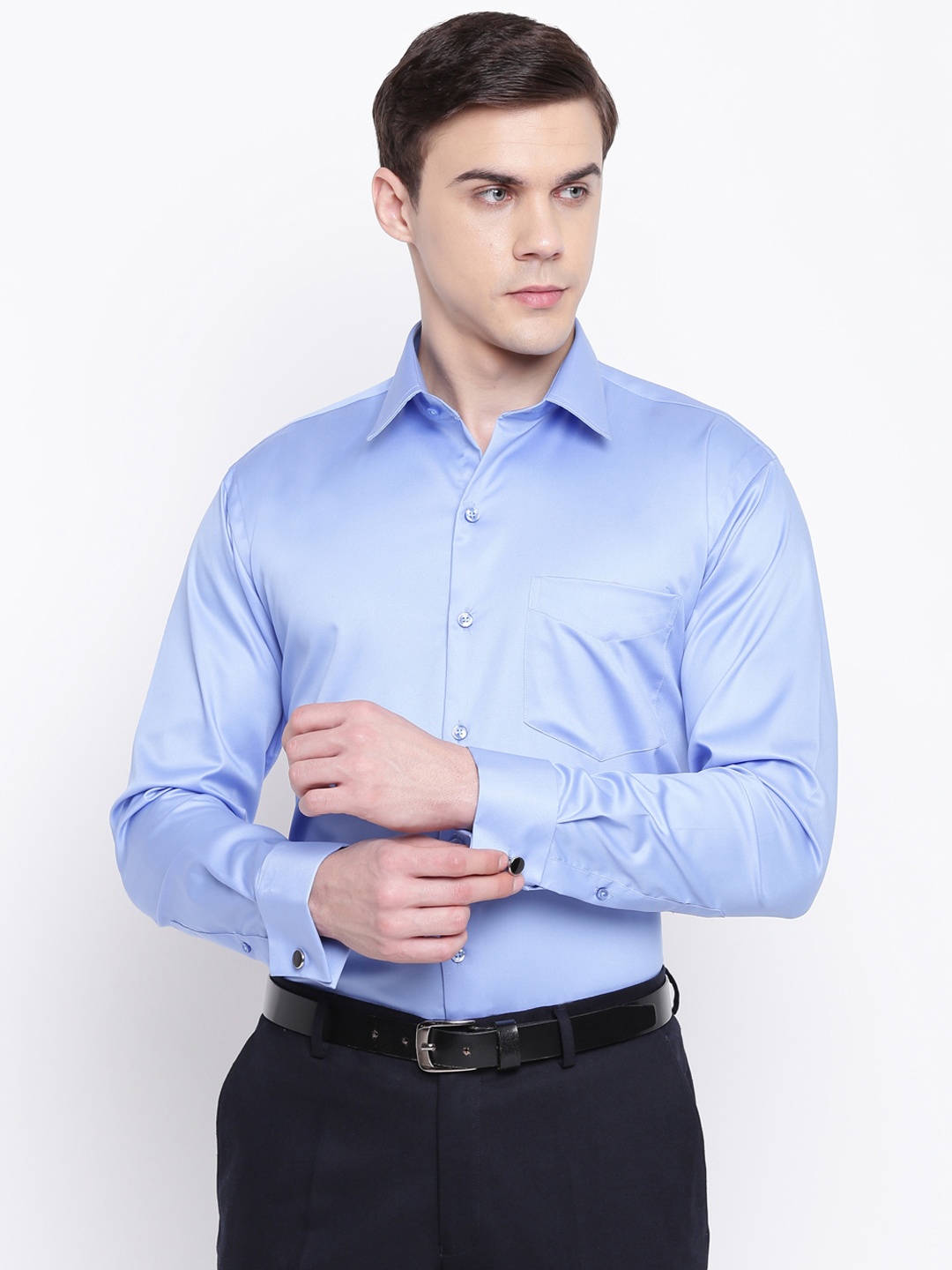 Hancock Men Blue Solid French Cuff Satin Slim Fit Pure Cotton Formal Shirt