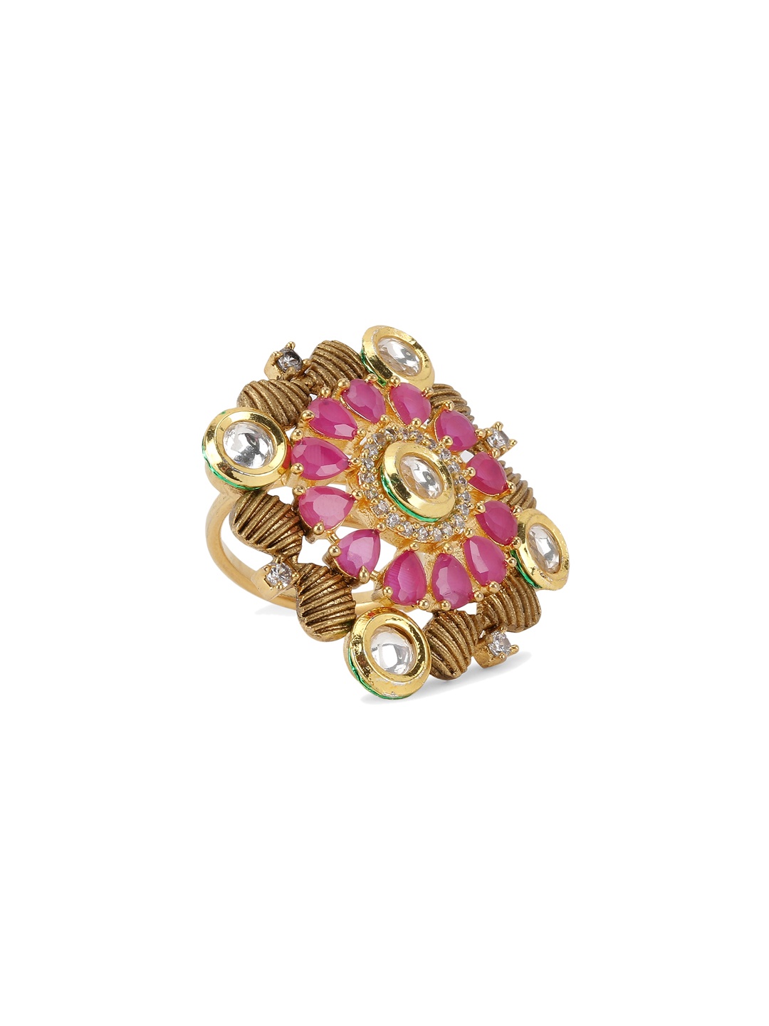 

ANIKAS CREATION Women Gold-Plated & Pink Kundan Embellished Adjustable Finger Ring