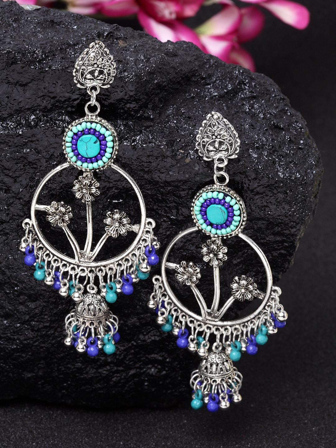 

Moedbuille Silver-Plated Turquoise Blue Floral Afghan Drop Earrings