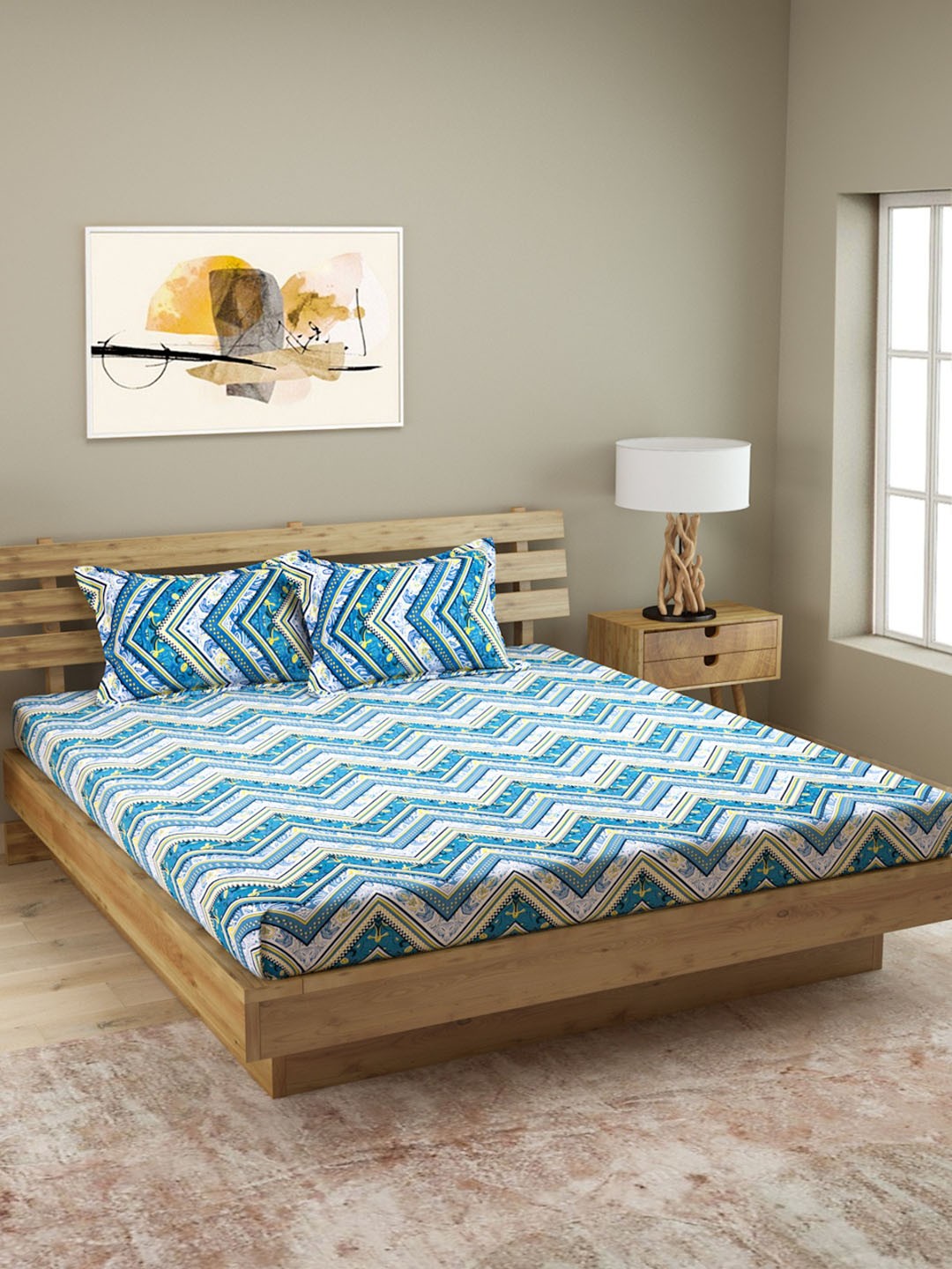 

ROMEE Blue Geometric 144 TC Cotton 1 Queen Bedsheet with 2 Pillow Covers