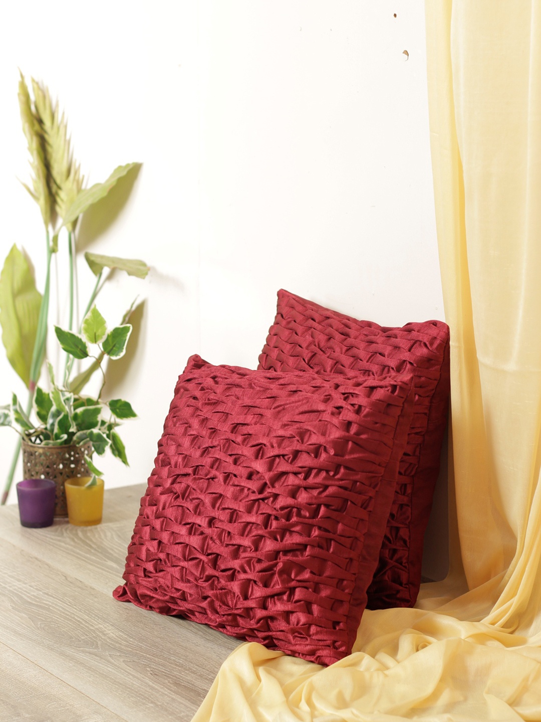 

ROMEE Maroon Set of 2 Self Design Square Cushion Covers