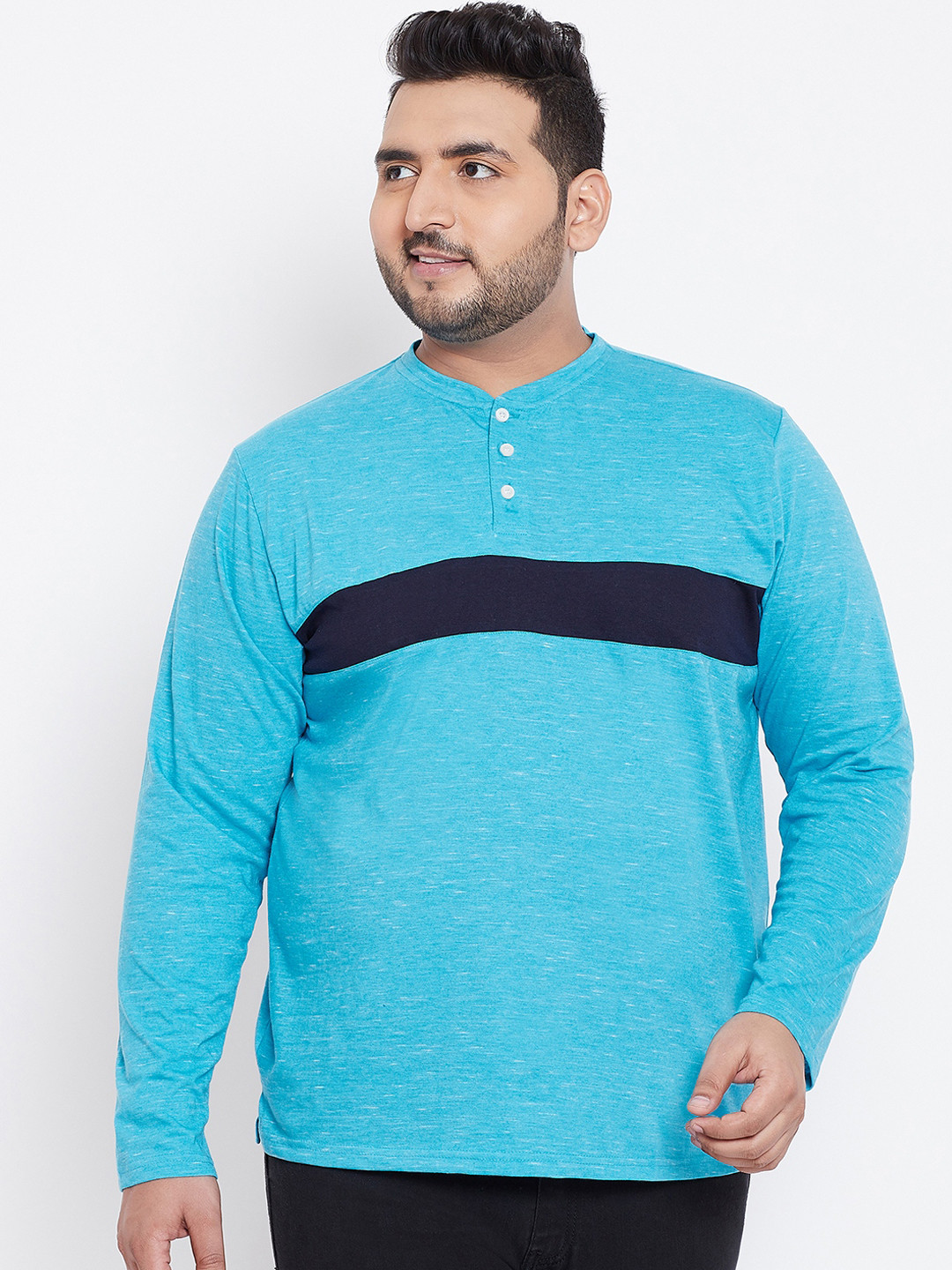 

bigbanana Plus Size Men Blue Colourblocked Henley Neck Bio Finish Pure Cotton T-shirt