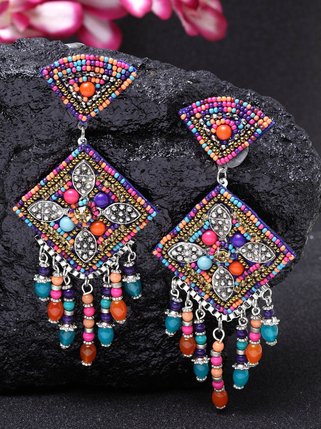 

Moedbuille Silver-Plated Multicoloured Handcrafted Afghan Geometric Drop Earrings, Multi