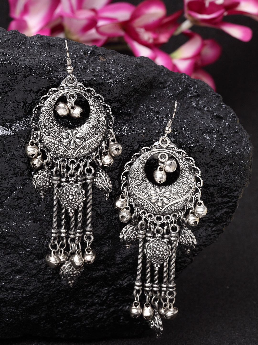 

Moedbuille Silver-Plated Crescent Shaped Handcrafted Drop Earrings
