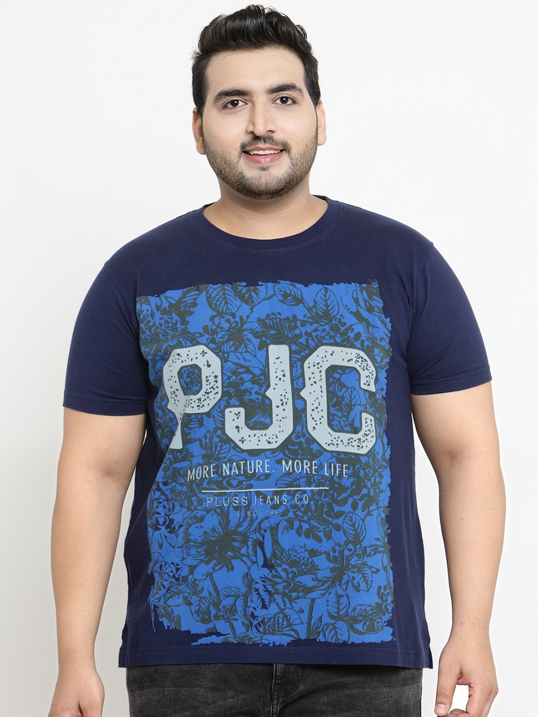 

plusS Men Blue Printed Round Neck T-shirt