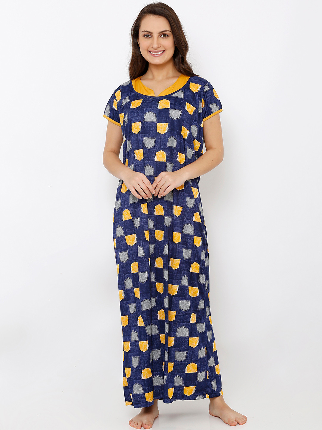 

Pretty Awesome Navy Blue & Yellow Printed Nightdress PTAS372