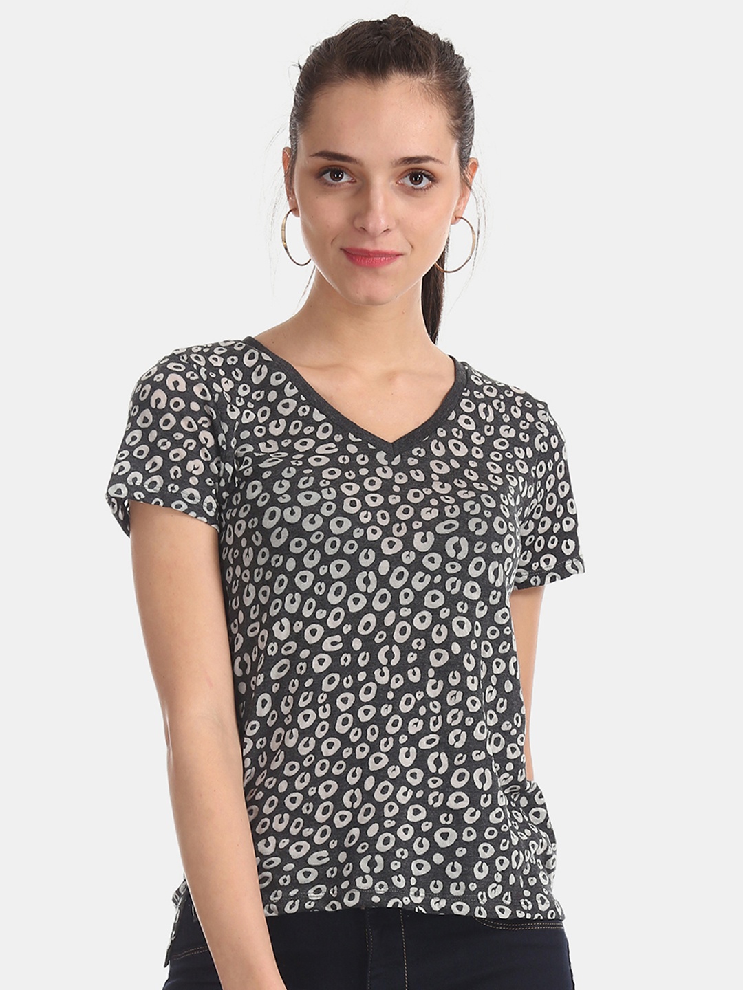 

Flying Machine Women Black Printed V-Neck T-shirt